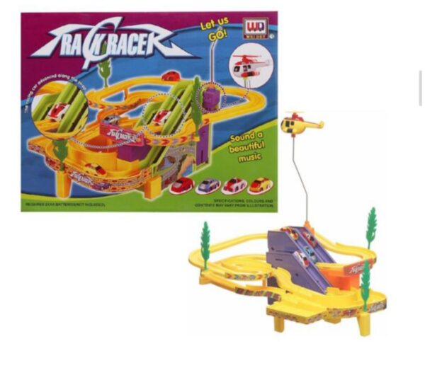 Track Racer Toy Game Car Racing Ramp Set with 4 Miniature Cars Rotating Helicopter Battery Operated Musical Kids Games